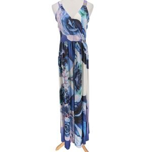 Roberto Cavalli Floral Maxi Dress XL Blue Rose Luxury Boho Resort 2010s Y2K Glam